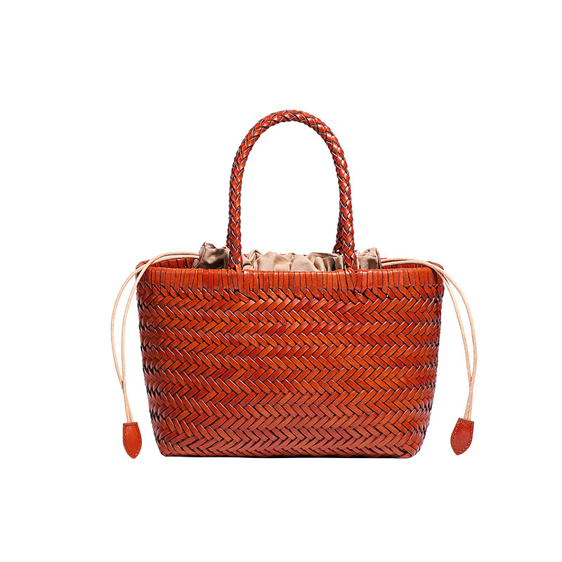 INS Soft Genuine Leather Women's Handbag French Style Basket First Layer Cowhide Handmade Rattan Woven Bag
