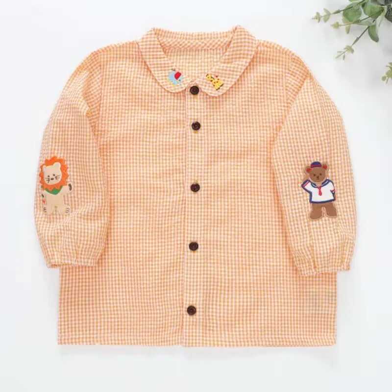 Autumn Girls Orange Plaid Blouse Shirt Cute Cartoon Bear Lion Embroidery Boy Long Sleeve Layering Casual Top for Toddler Kids C251007