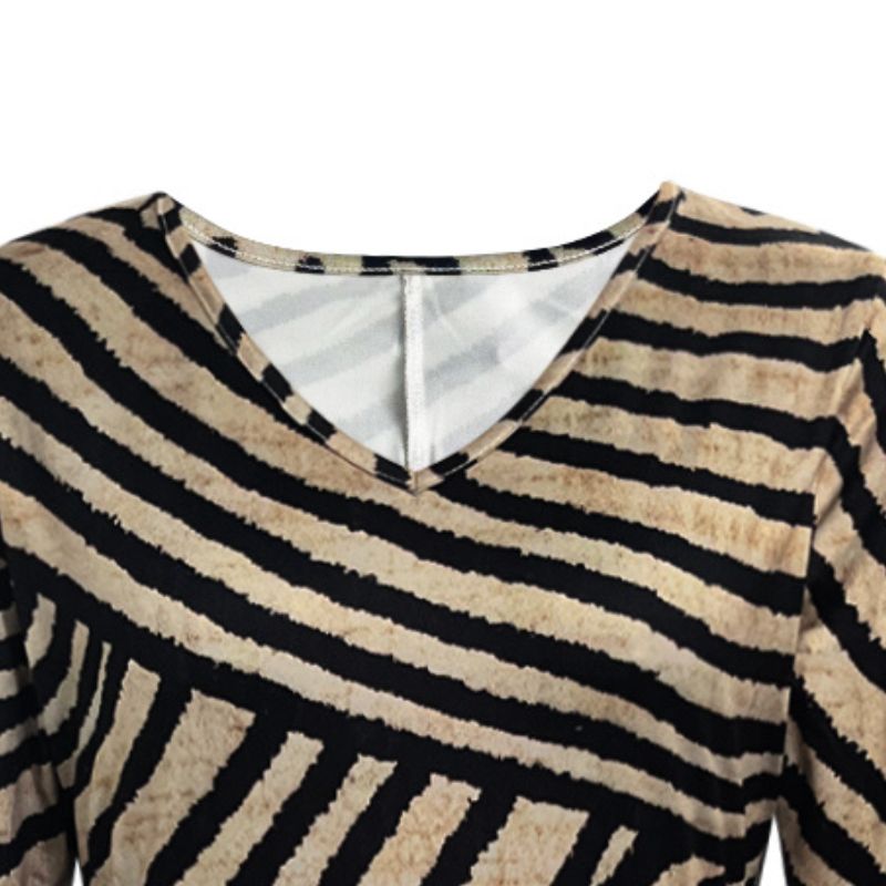 Womens Striped Print V-neck Midi Dress Breathable Milk Silk Fabric for Summertime-CF50693