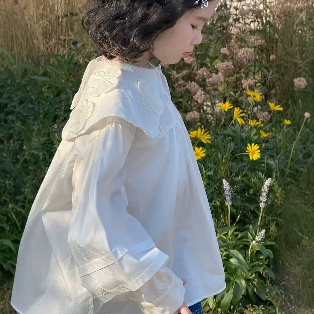 Childrens Shirt 2025 Spring New Girls Korean Fashion Solid Color Collar Flower Casual Loose Shirt Girls Clothes C251007