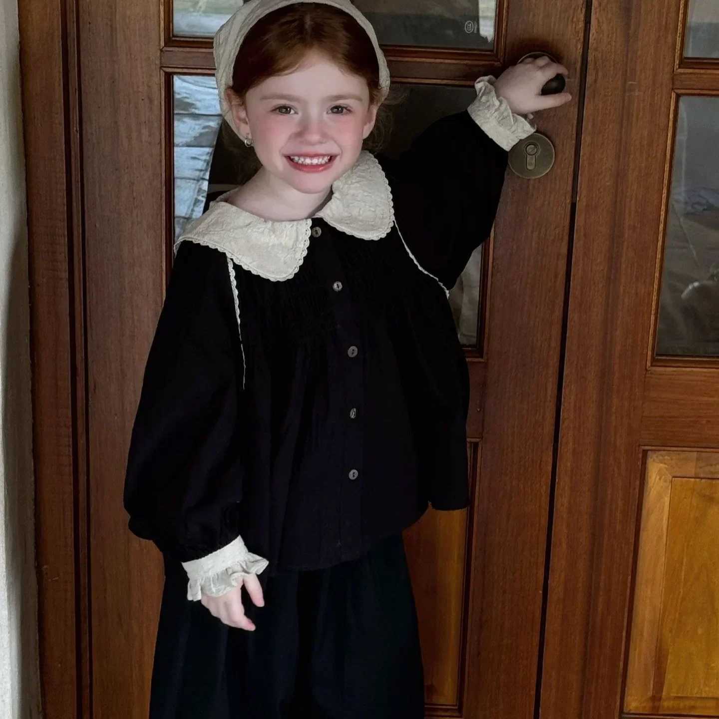 two pcs set2024 new arrive baby girl clothes Cotton and linen black shirt blouse for girls white blouse baby girl clothes C251007