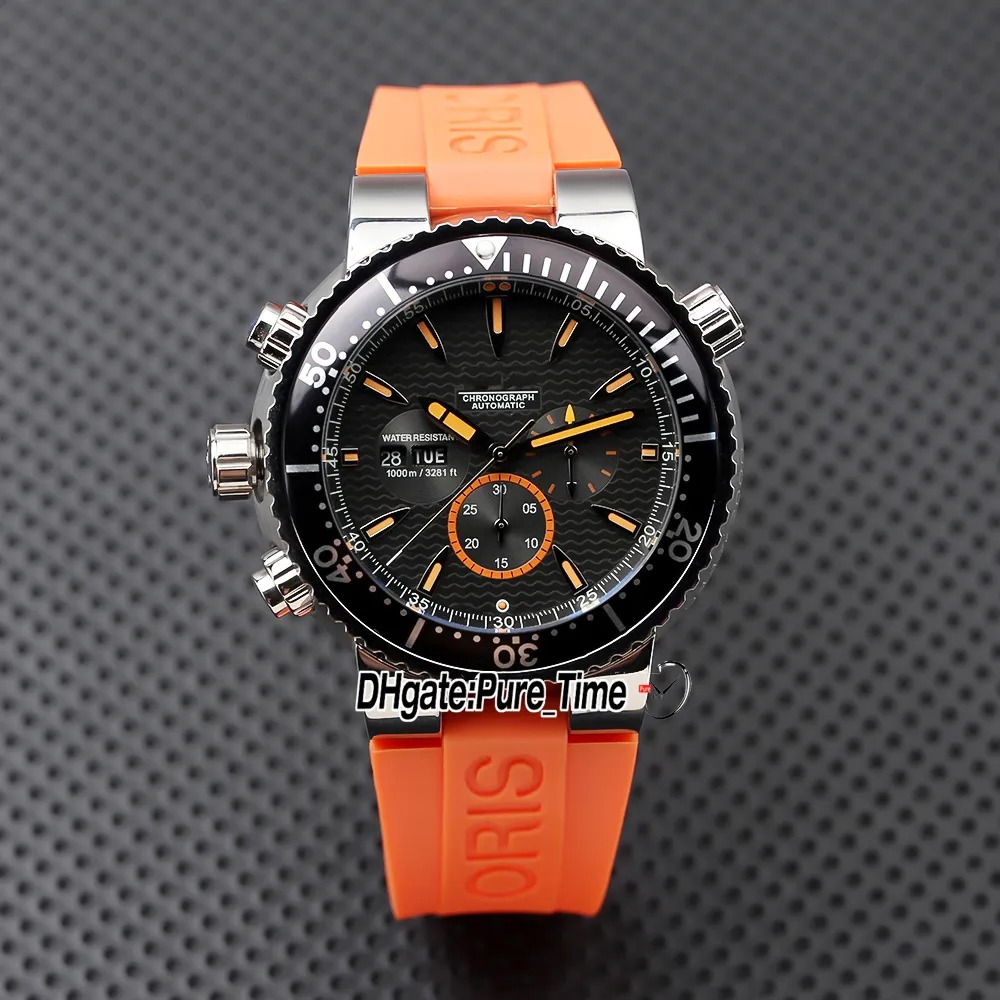 U1 Top-grade AAA AQUIS Diver 45mm OS Quartz Chronograph Mens Black Dial Stick Markers Ceramic Bezel Steel Case Orange Rubber Strap Gents Backhand Wristwatches