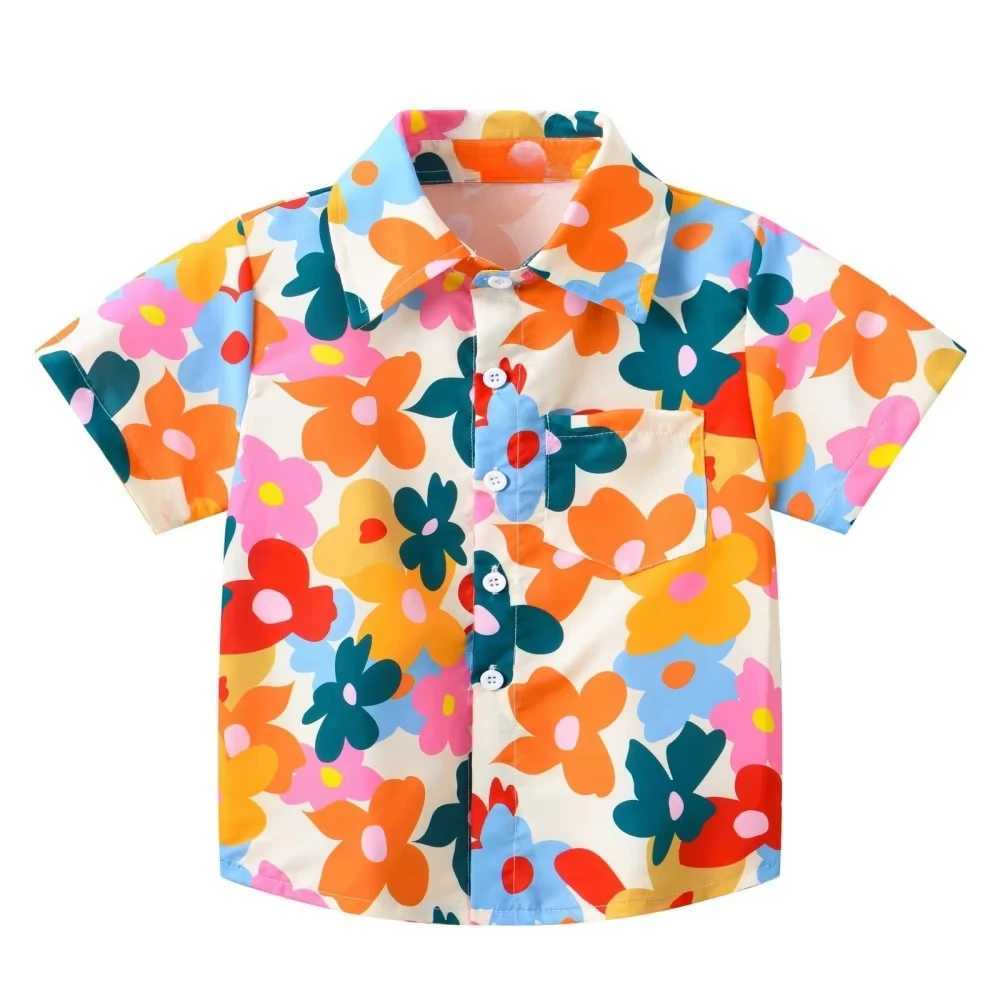 Girl Blouse Fashion Pink Flower Printed Children Top Lapel Short Sleeve Girl Clothes from 5 to 6 Years Top Shirts for Children C251007