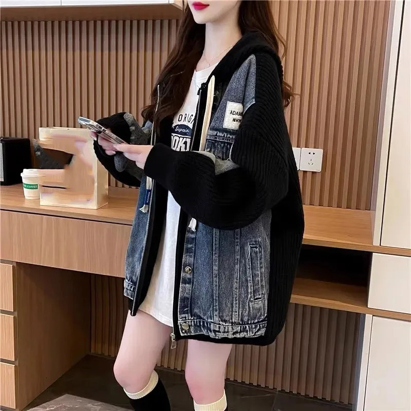 Lazy Wind Ladies Splicing Together Jeans Jacket Autumn Winter Female Loose Hooded Knitted Denim Coat Women Cow Outwear 250930