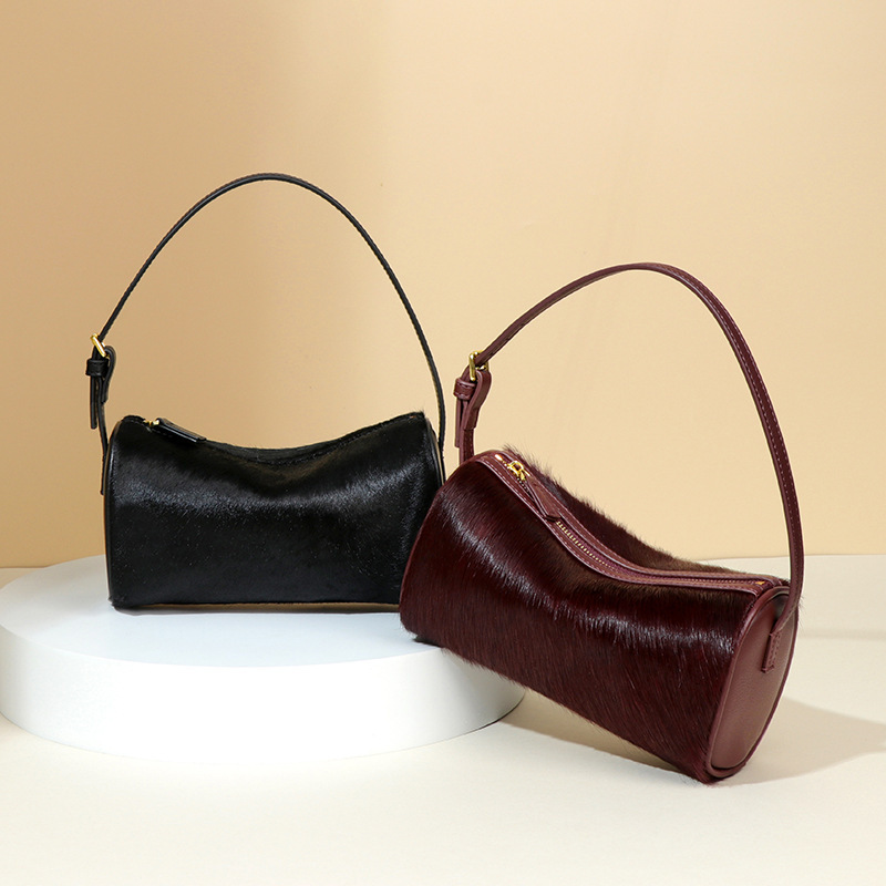 New Genuine Leather Women's Luxury Real Horsehair Underarm Pillow Camera Single Shoulder Crossbody Small Square Bag