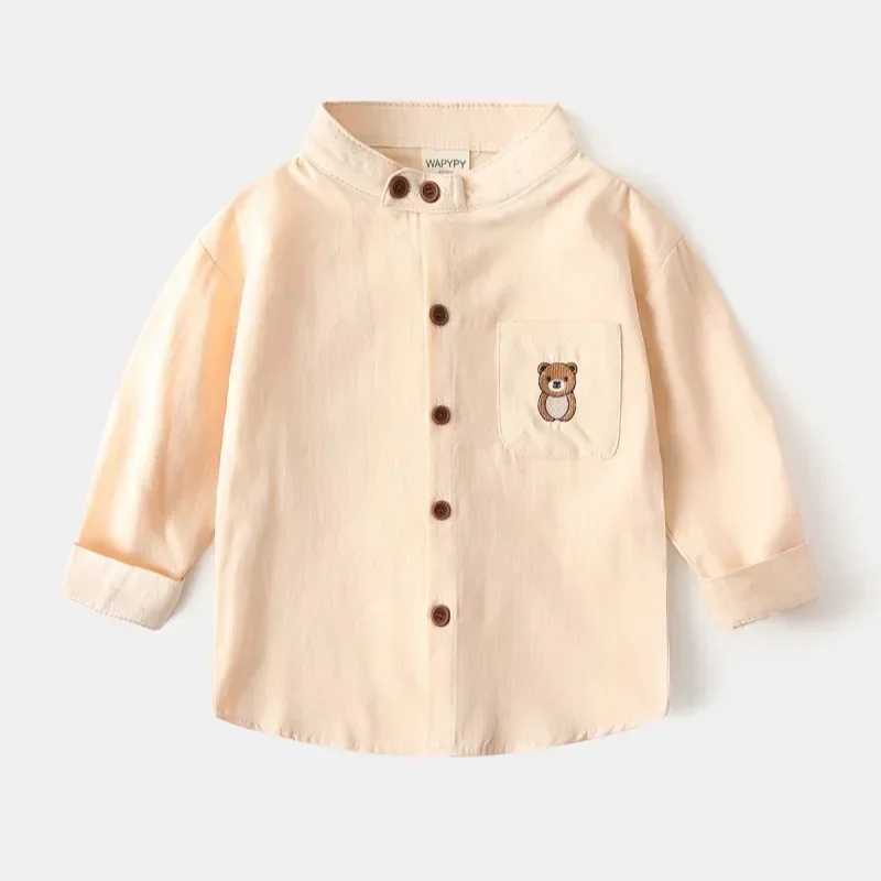 Boys Cartoon Bear Embroidery Long Sleeve Shirt New 2025 Spring Autumn Kids Stand Collar Shirts Tops Child Casual Clothing C251007