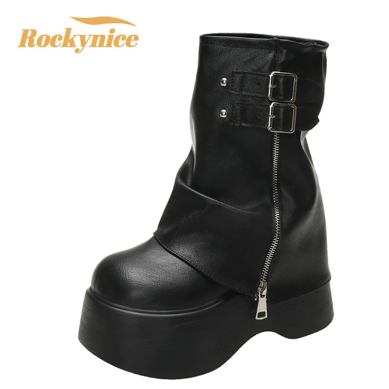 Soft Leather Ankle Mid Calf Boots Winter Autumn High Platform Wedge British Booties Woman Ladies Chunky Motorcycle Boots 9CM 250930