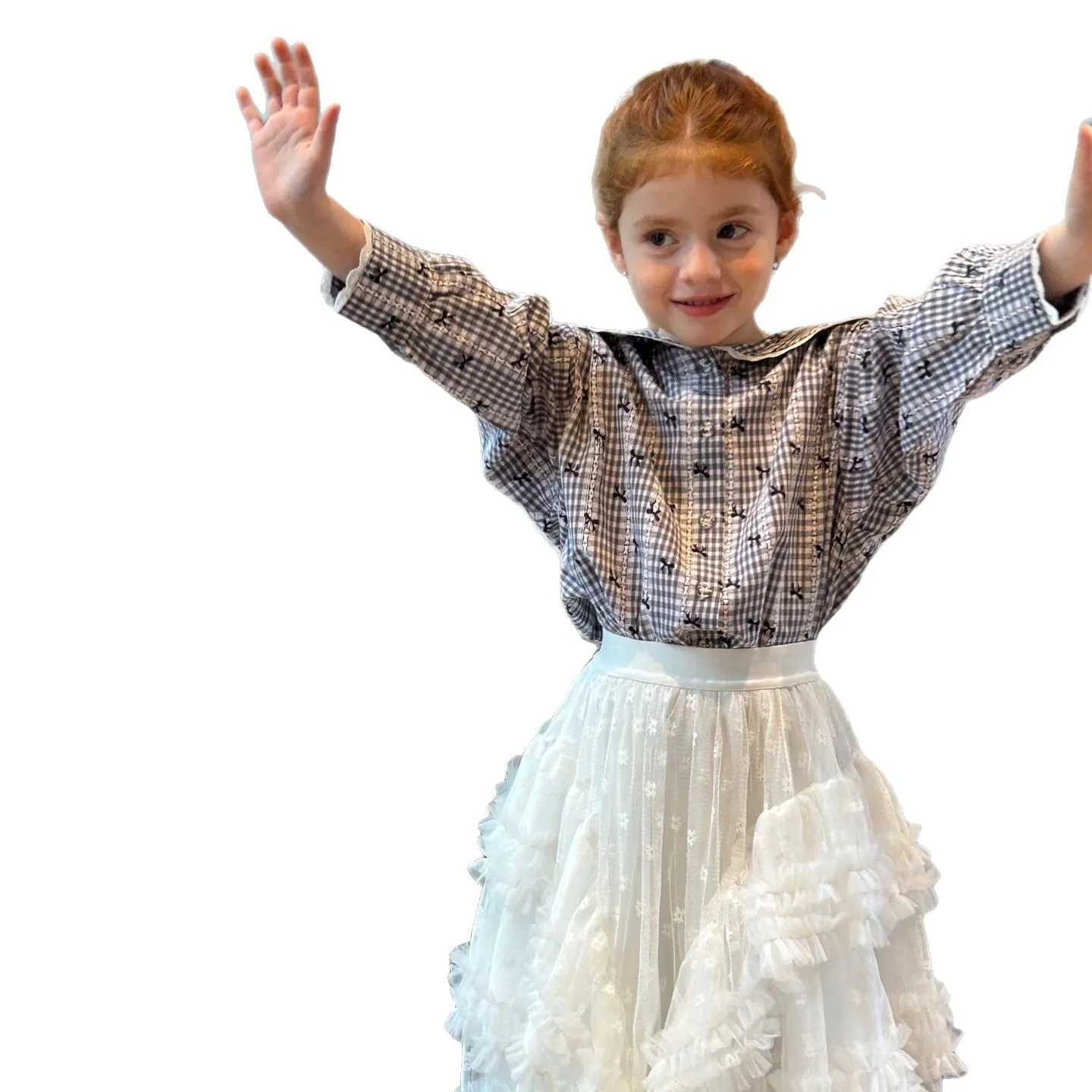 2025 Childrens Clothing Girls Autumn New Fashionable Gentle and Generous Collar Flip Collar Checkered Bow Top C251007