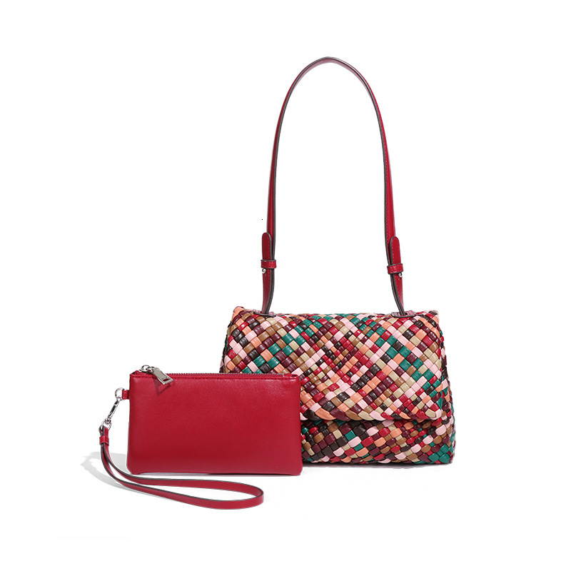 High-End Color-Block Handmade Rainbow Woven Unique Niche Shoulder Crossbody Flap Underarm Bag