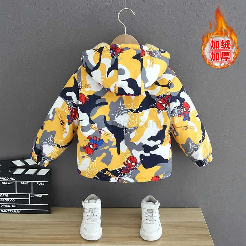 Disney Winter Childrens Parkas Coat Kids Boys Cartoon Spider Man Full Print Hoodie Jacket Toddler Thicken Plush Warm Outerwear Clothes H251007