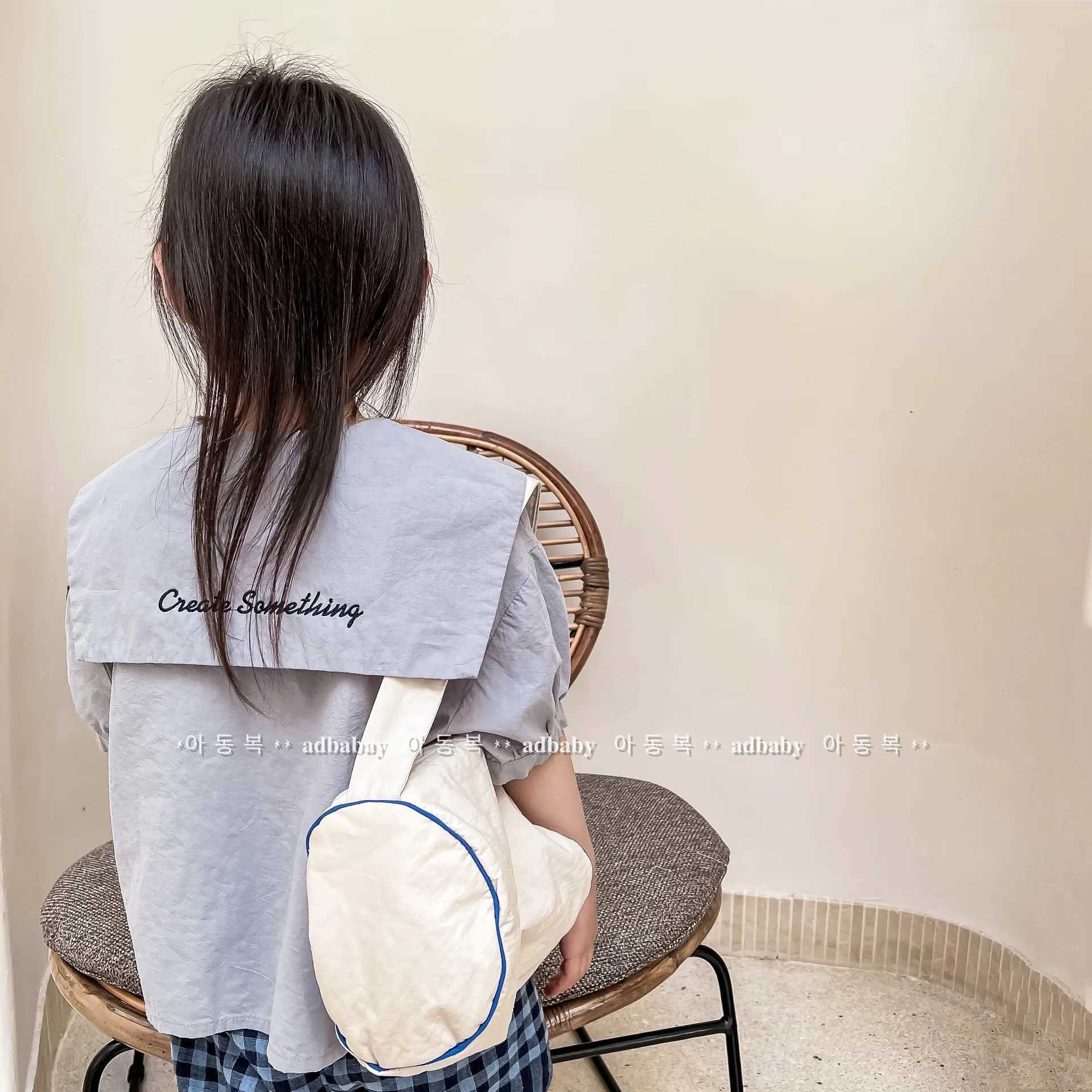 Korean Style New Summer Girls Short Sleeve Blouse Beige Light Blue Letter Embroidery Sailor Collar Single Breasted Shirts A22293 C251007