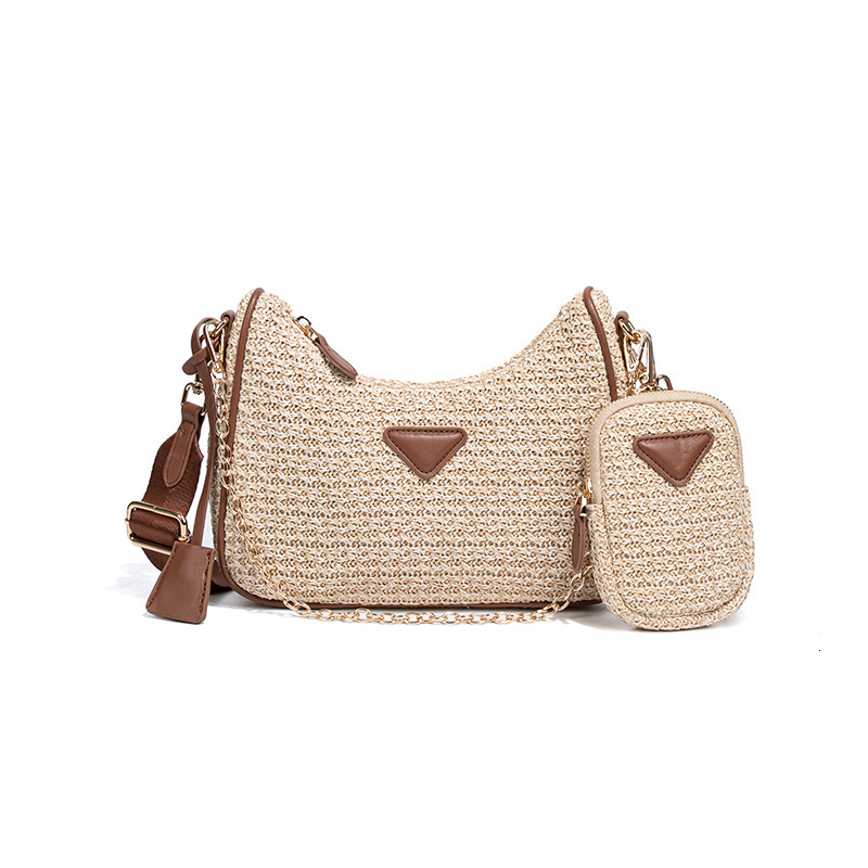 P Home Summer New Three-in-One Hobo Underarm Single Shoulder Crossbody Small Square Bag Raffia Woven Coin Purse