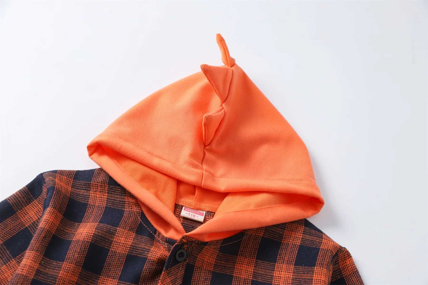 Boy Plaid Shirt New Baby hooded dinosaur embroidered coat in autumn and winter childrens clothes C251007