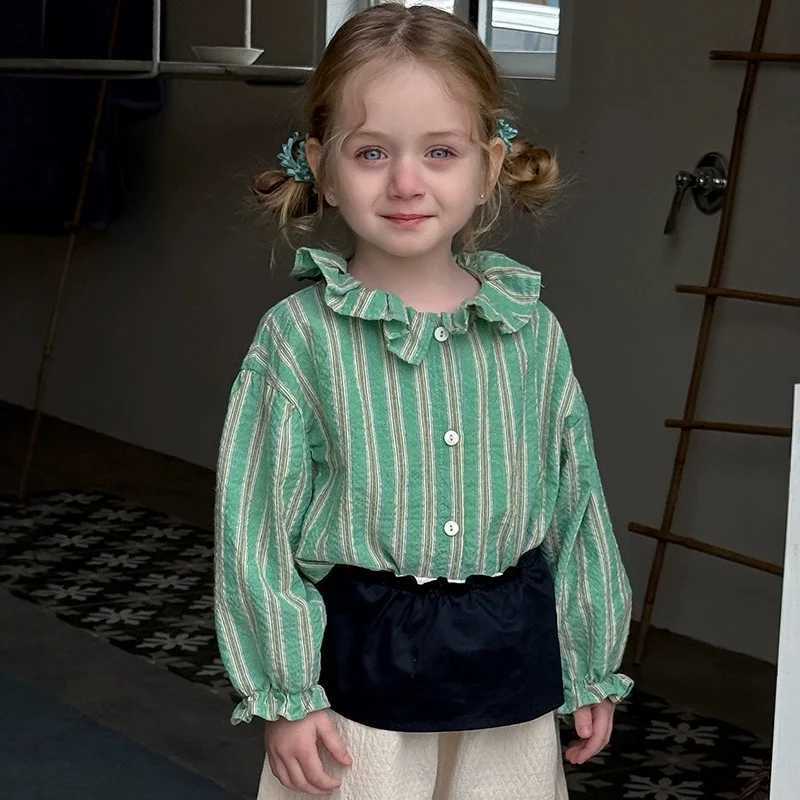 Retro Fashion Girl Blouse2025 New Green Striped Childrens Shirt Top Cotton Girls Shirt Boutique Childrens Clothing C251007