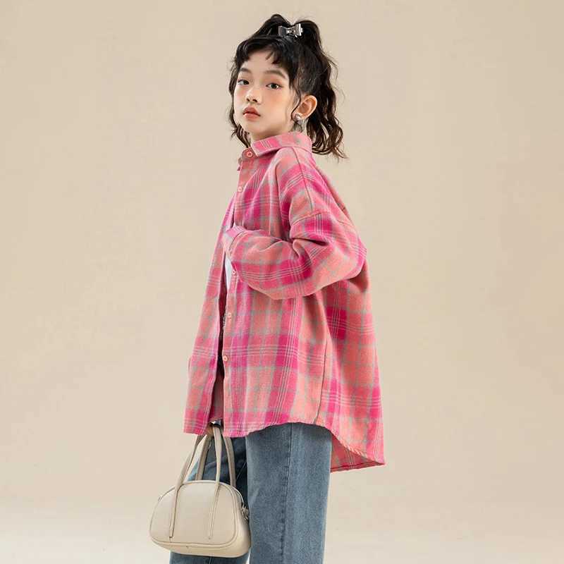 Fashion Casual Childrens Long Sleeve Pink Plaid Shirt for Girls Stylish Street Clothing Kids Spring Autumn Blouses Age 514Y C251007