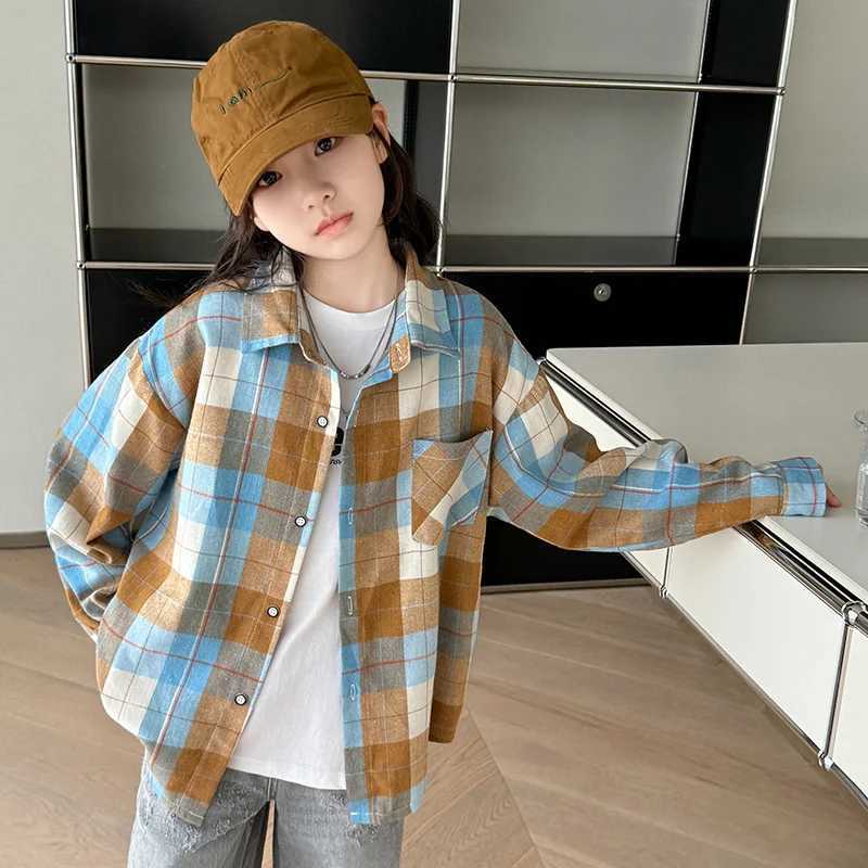 Korean Style Teen Girls Long Sleeve Plaid Shirt with Pocket Kids New Fashion Streetwear Outerwear Child Cotton Blouse Age 514Y C251007