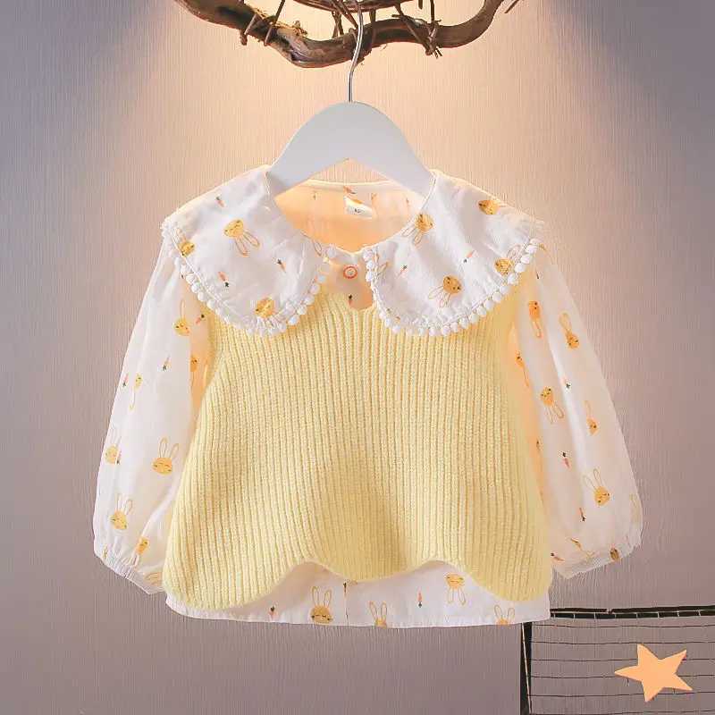 Spring Autumn Girls Shirt Clothes With Vest Long Sleeve Baby Cotton Linen Cardigan Shirt Turn Down Collar Blouse C251007