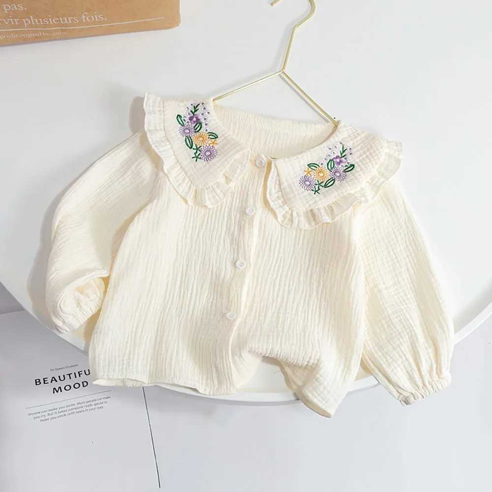 Floral Embroidery Baby Girls Shirts Spring Autumn Sweet Ruffles Peter Pan Collar Long Sleeve Shirts Kids Tops Children Clothes C251007