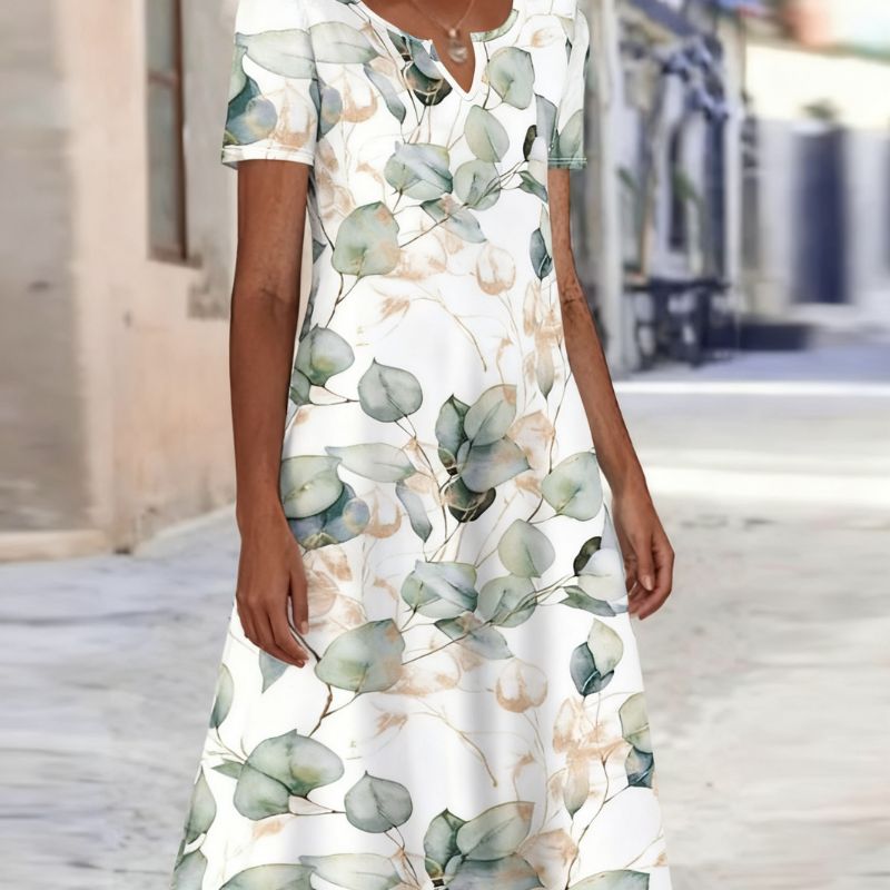 Women's Floral Print Midi Dress - Elegant Casual Short Sleeve Milk Silk Dress for Vacation-CF52970