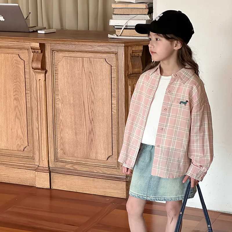 Pink Checkered Shirt Spring New Korean Allmatch Fashionable Cute Casual Sweet Plaid Shirt Coat Kids Clothes Girls C2510071