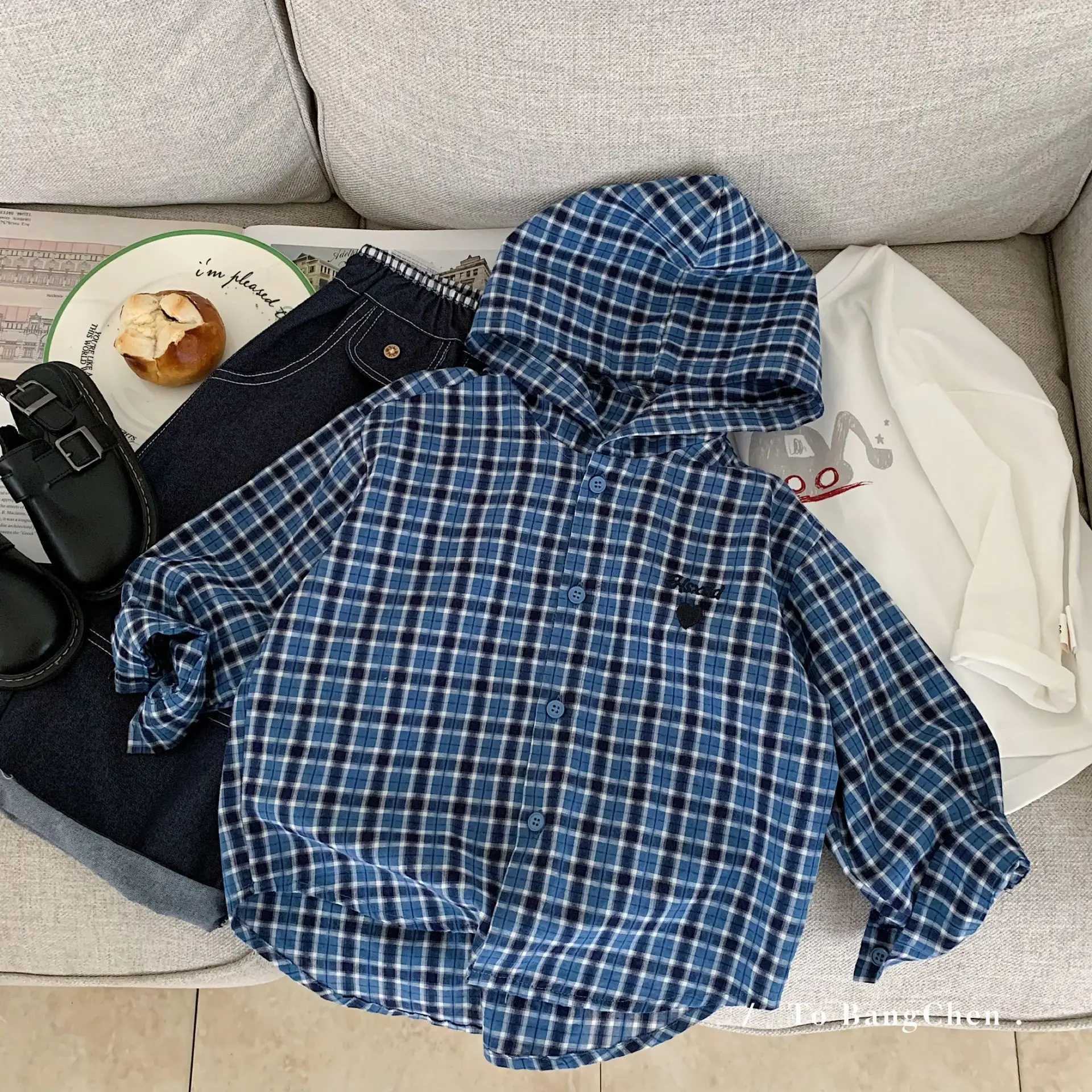 Korean New Autumn Children Boys Tops Hooded Plaid Infant Baby Boys Coat Single Button Long Sleeves Casual Toddler Boys Shirt C251007