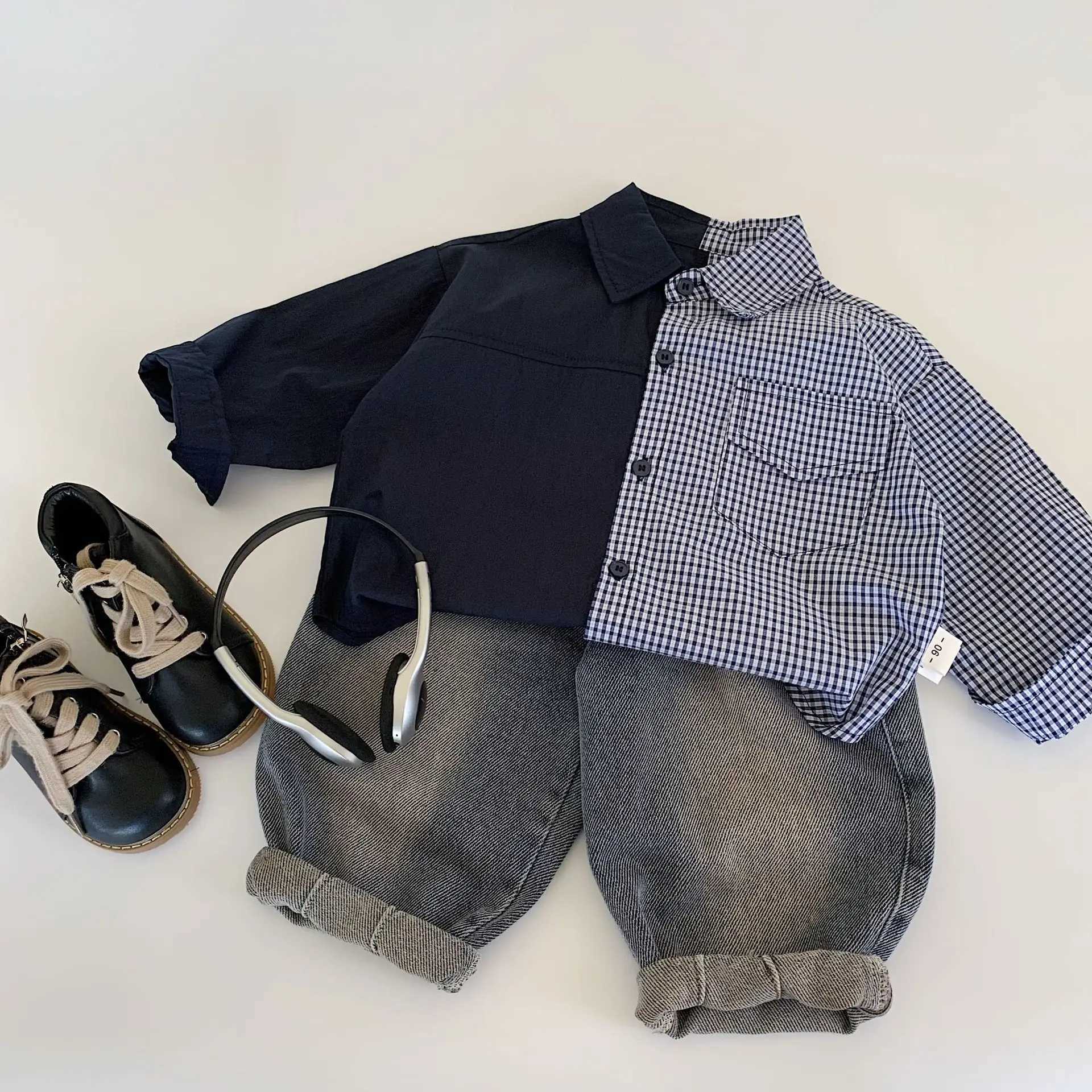 New Childrens Clothing 2025 Childrens Shirt Checkered Splicing Color Fashionable and Comfortable for Boys and Girls C251007