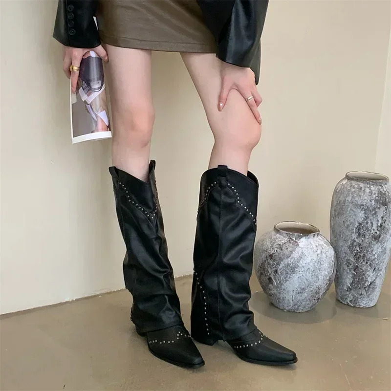 Woman Cowgirl Boots Fashion Slip On Ladies Elegant Square Heel Long Pipe Boots Shoes Retro Womens Winter Footwear 250930