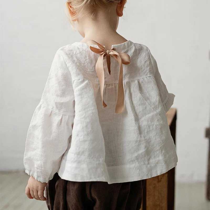 Chic Back Bow Tie Linen Shirt Girls 2025 New Solid Color Casual Loose Baby Kids LongSleeved Blouse Autumn Clothes C251007