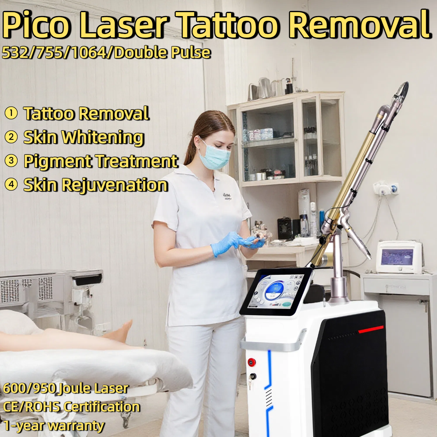 Professional Q-Switched Picosecond laser Machine 532/755/1064/Double Pulse Tattoo Removal Machine Skin Whitening Pigment Treatment Skin Rejuvenation E