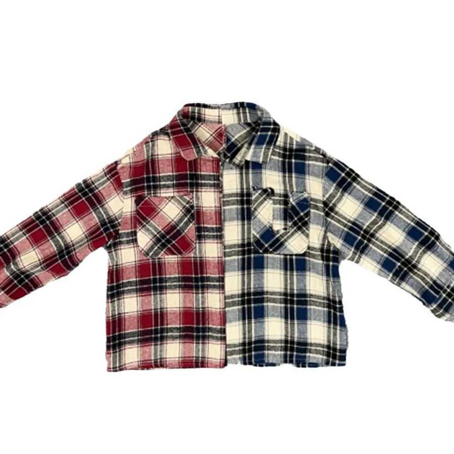 Boy Korean Childrens Clothing Soft 2025 Autumn New Collection Red Blue Color Blocked Checkered Shirt Pure Cotton Blouses C251007