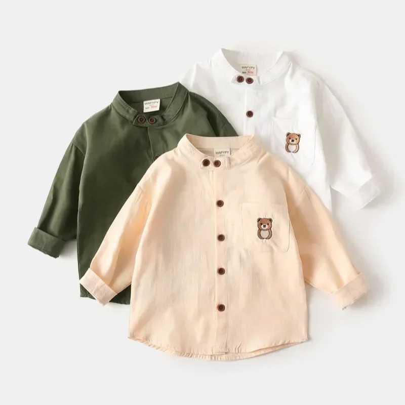 Boys Cartoon Bear Embroidery Long Sleeve Shirt New 2025 Spring Autumn Kids Stand Collar Shirts Tops Child Casual Clothing C251007