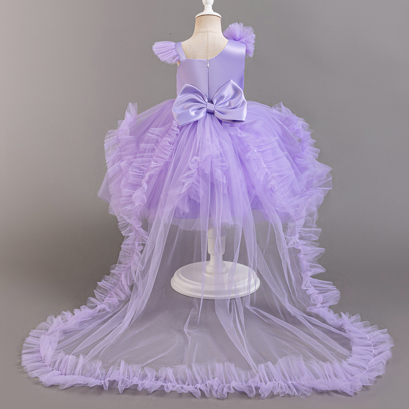 Puffy Girl Dress Pink Baby Dress with Train Flower Girl Dress Bow Cute Kids Child Birthday Dresses Frist Communion 250829