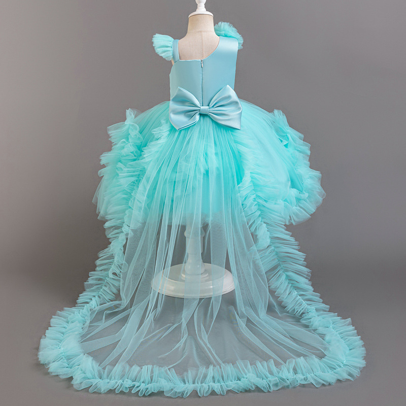 Puffy Girl Dress Pink Baby Dress with Train Flower Girl Dress Bow Cute Kids Child Birthday Dresses Frist Communion 250829