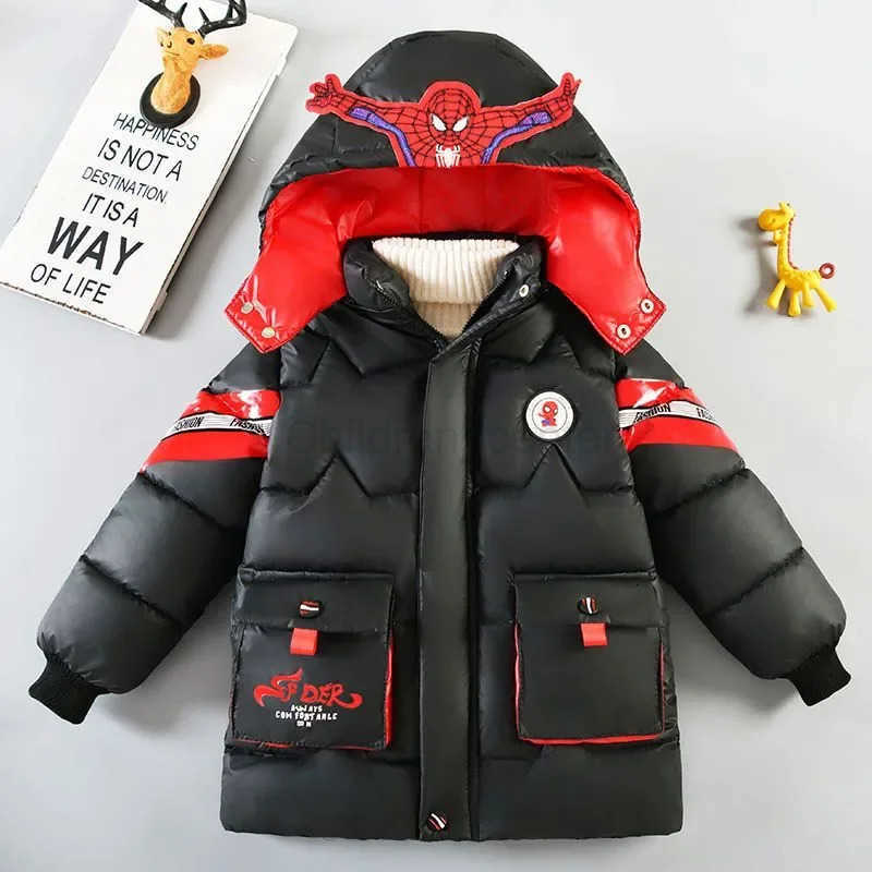 Disney Spiderman Down Jacket 2025 Winter Baby Boy Costume Kids Warm Thicken CottonPadded Hooded Coat Parka Children Clothing Outerwear H251007