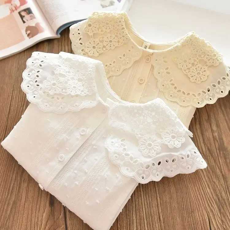 Blouses Girl Undershirt Shirt Baby Lace Korean Shirt Fashion Children Cotton Tops 2024 Turn Down Collar Button Sweet C251007