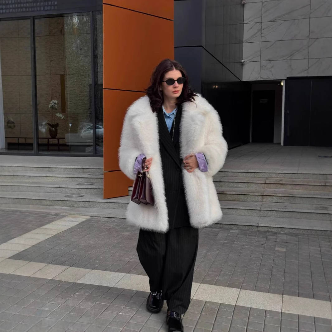 Designer Winter Fox Lazy Style Mid-Length Faux Fur Coat