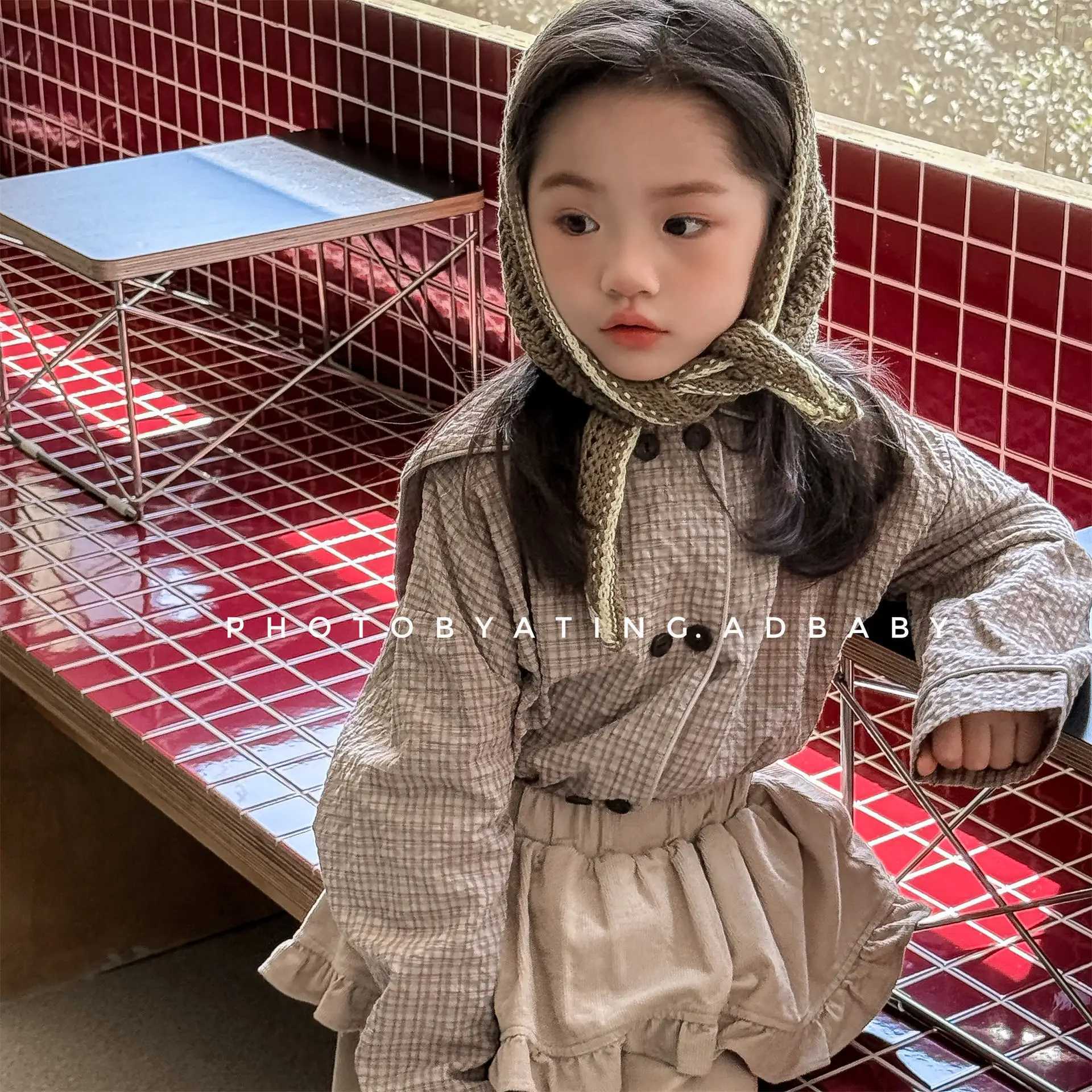 2025 Autumn New Girls Plaid Shirts Children Long Sleeve Tops Baby Girl Large Lapel Cotton Linen Blouse Kids Casual Tops C251007