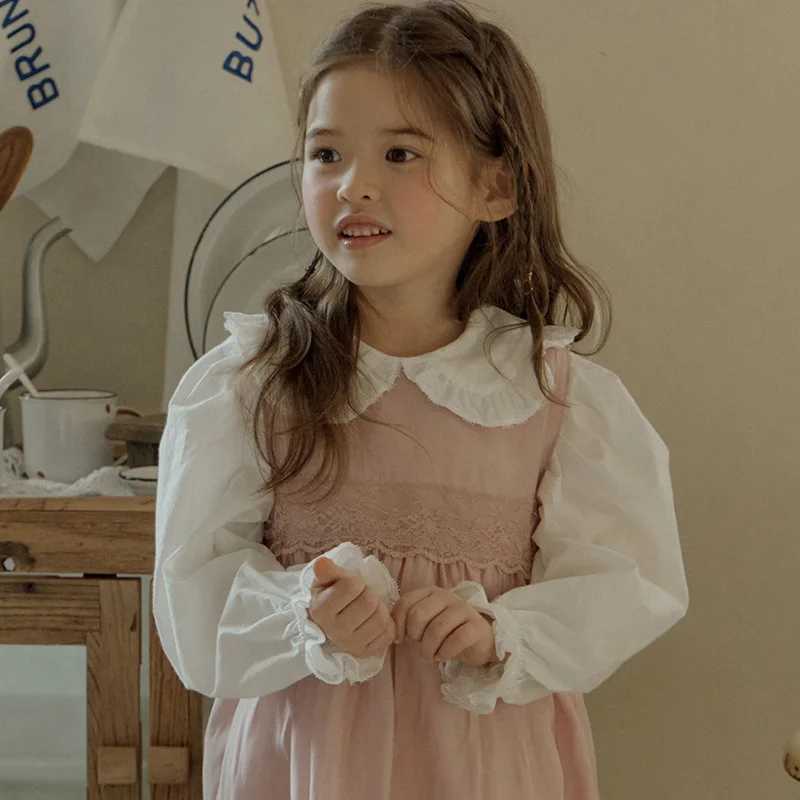 Blouses Spring Korea Girls Children Clothing Lovely Lapel Collar Solid Color Long Sleeved Princess Style Shirt 2024 C251007