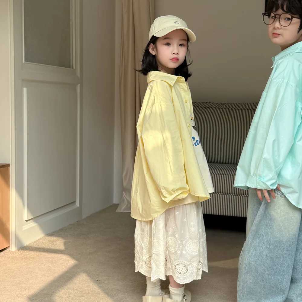 Childrens Shirt 2025 Spring New Korean Fashion Solid Color Allmatch Collar Long Sleeve Shirt Kids Clothes C251007