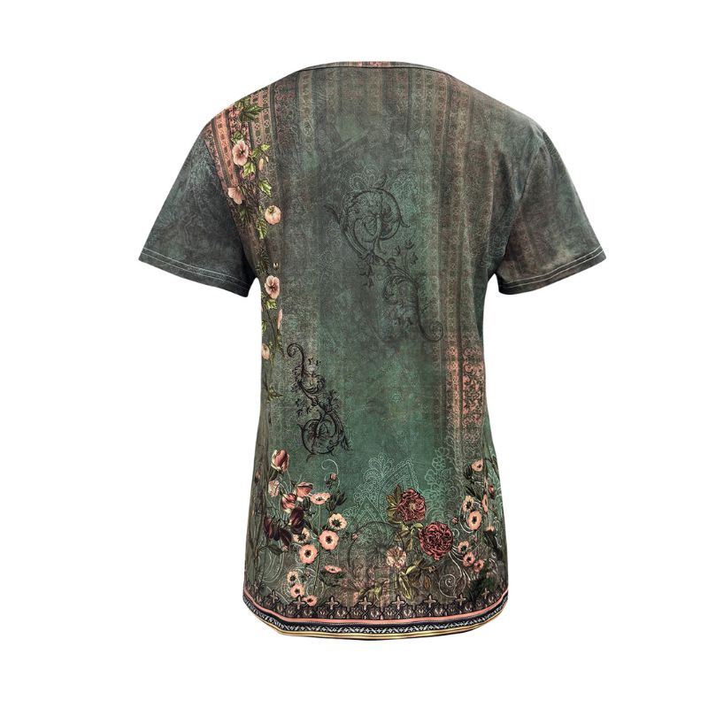 Women's Vintage Floral Print V-Neck T-Shirt - Casual Short Sleeve Milk Silk Top for Vacation-CF53585