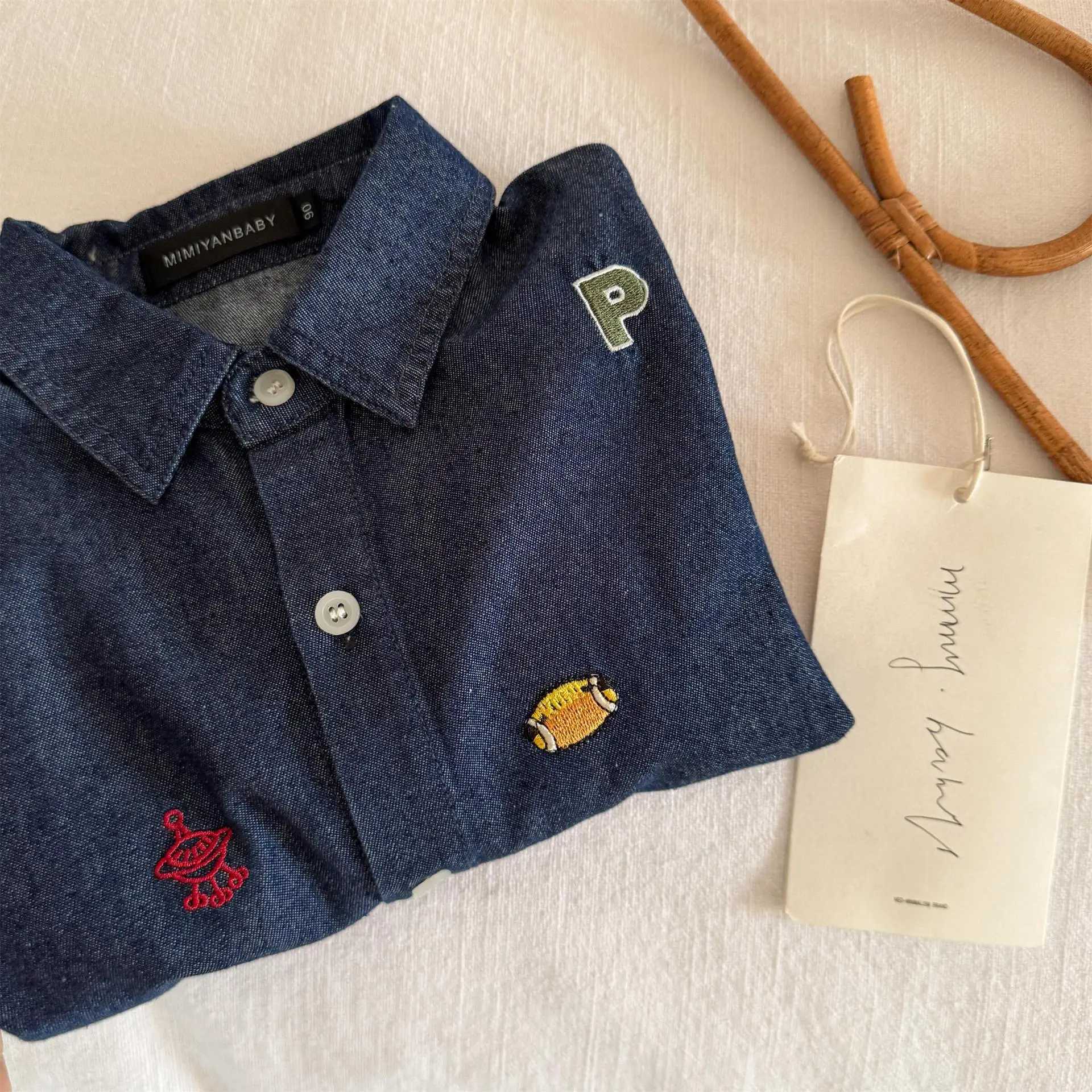 Children Shirt 2025 Spring New Simple Embroidered Shirt for Boys and Girls Baby Versatile Denim Shirt C251007