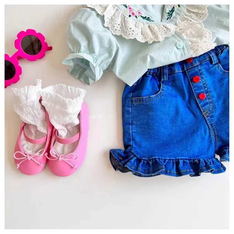 Summer Baby Girls Short Sleeve Shirt Embroidered Lace Doll Shirt For Children Korean Girls Cute Pure Cotton Bubble Sleeve Top C251007