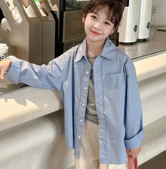 516Y Girls Blouses 2025 Autumn New Korean Fashion Casual Daily Solid Color LongSleeve Turndown Collar Shirt Kids Spring Coat C251007