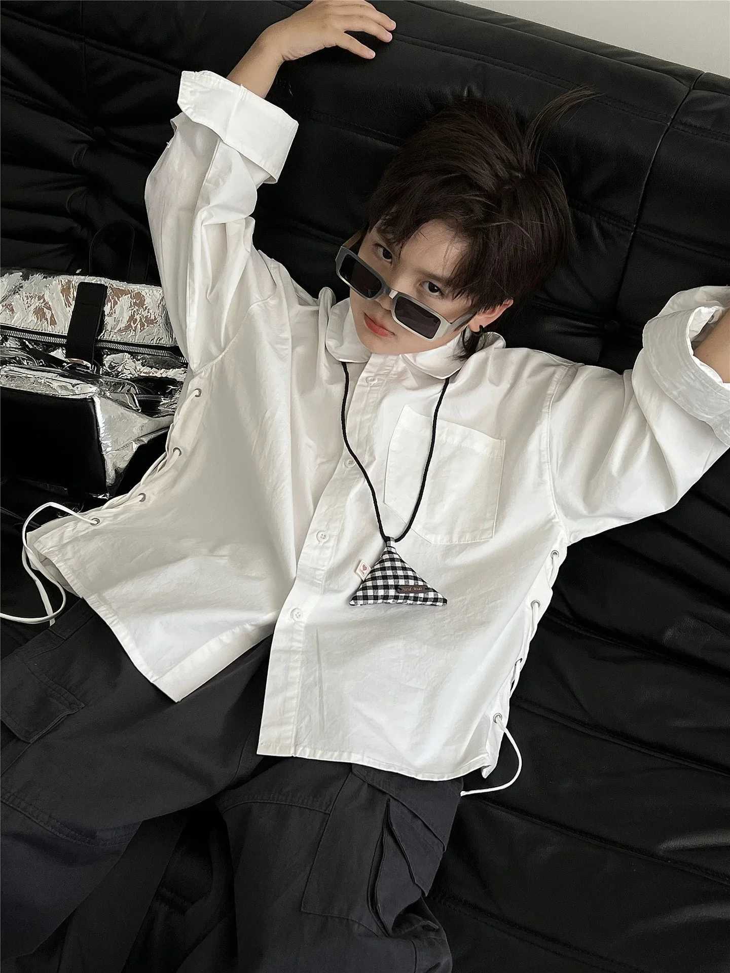 Children Clothing Autumn Shirt Personality Thickened Cotton New Fashionable Casual Simple Solid Color Handsome White Shirt C251007