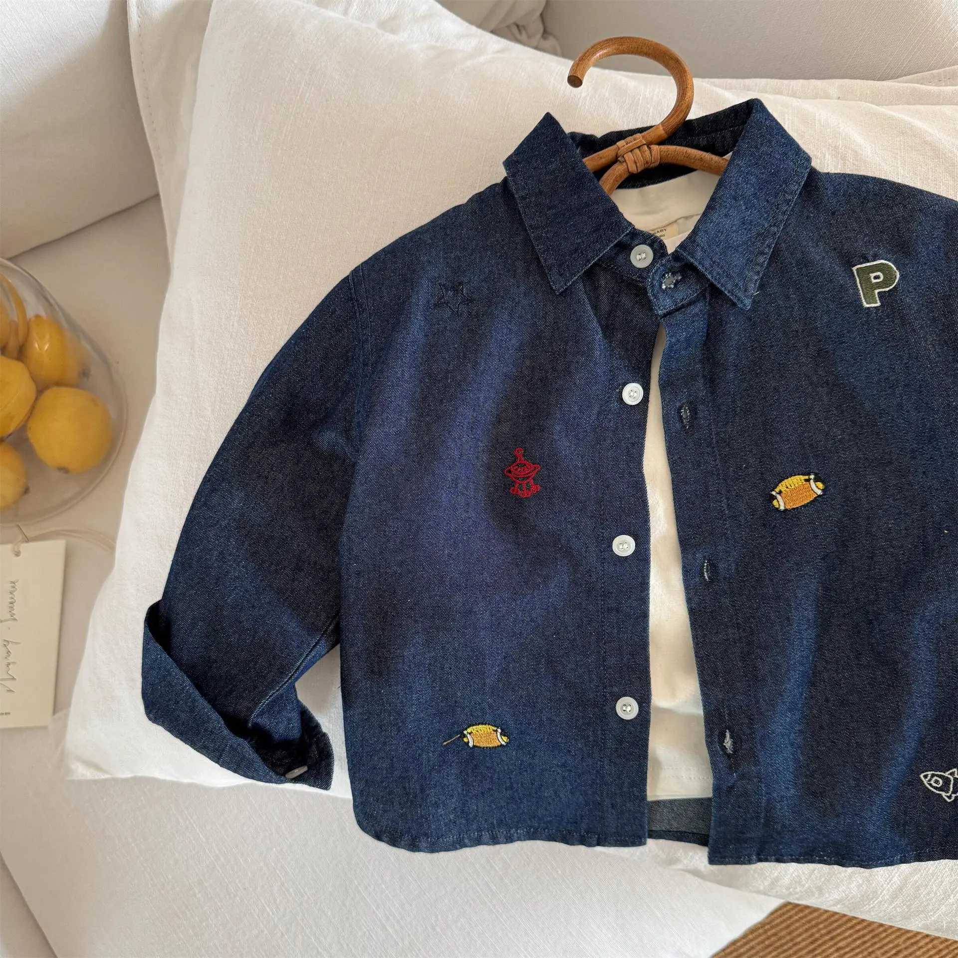 Children Shirt 2025 Spring New Simple Embroidered Shirt for Boys and Girls Baby Versatile Denim Shirt C251007