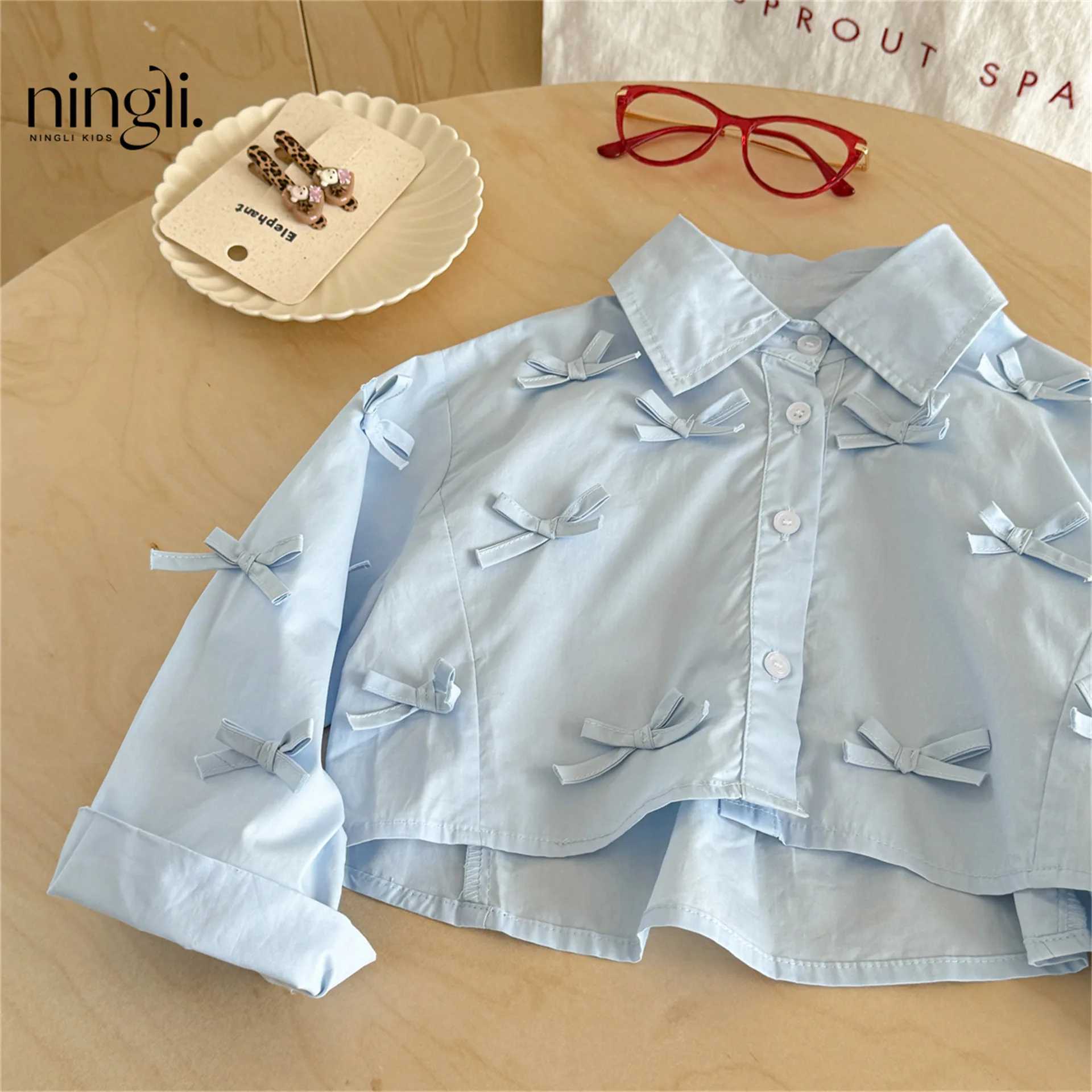 6785 Children Shirt 2025 Autumn New Baby Girls Bow Shirt Korean Leisure Girls Short Blouse Tops C251007