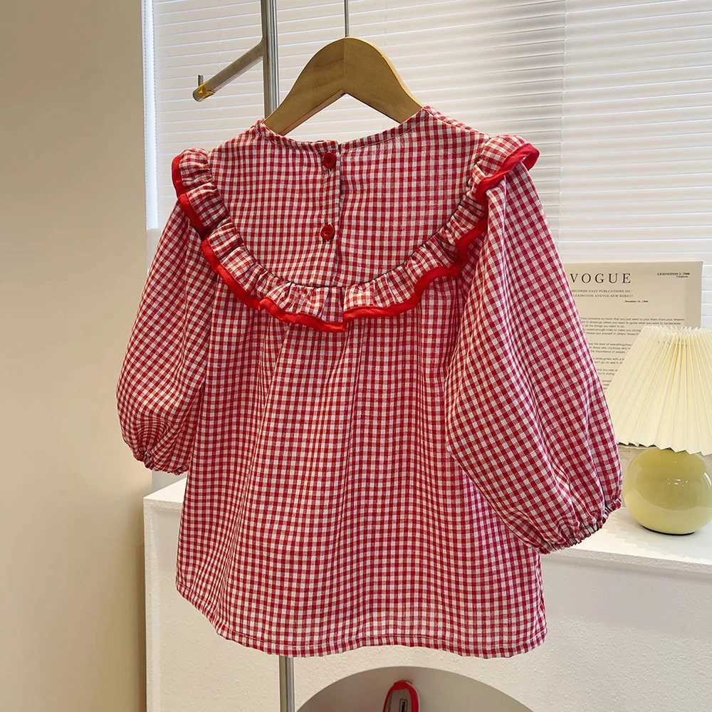 Cute Baby Girls Embroidery Shirts Spring Autumn Long Sleeve Kids Girl Plaid Blouse Tops Peter Pan Collar Floral Shirt Children C251007