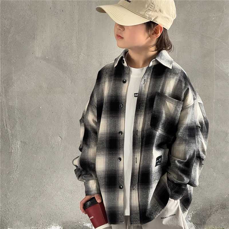 2025 Autumn Children Long Sleeve Plaid Shirt for Teenage Boys Classic Design Loose Casual Blouse Kids Cotton Clothing Age 314Y C251007