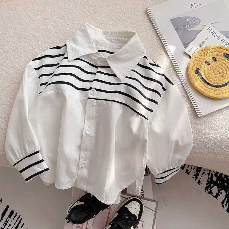 17 Y Childrens Striped Shirt Spring and Autumn 2025 New Boys Fashion Patchwork Long Sleeved Top Baby Spring Shirt C251007
