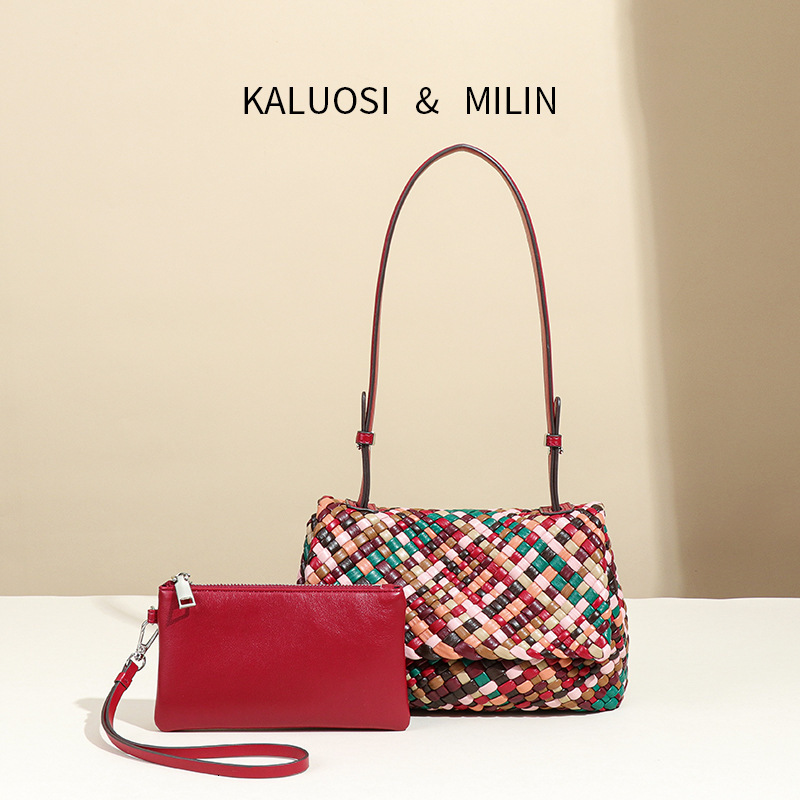 High-End Color-Block Handmade Rainbow Woven Unique Niche Shoulder Crossbody Flap Underarm Bag